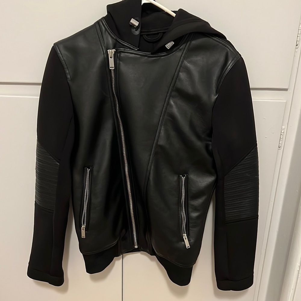 Guess Men’s Mixed Media Hooded Moto Jacket used ***